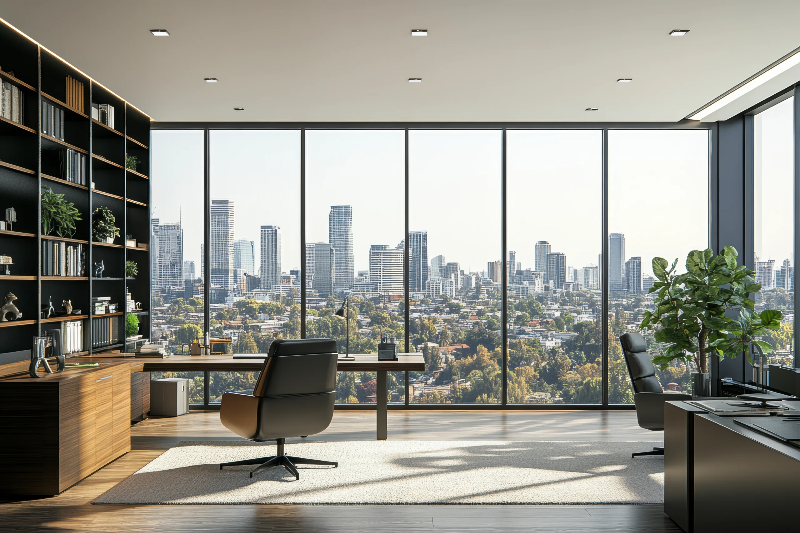 Modern luxury office interior with large windows overlooking a city skyline, featuring sleek furniture, wooden accents, bookshelves, and natural lighting.